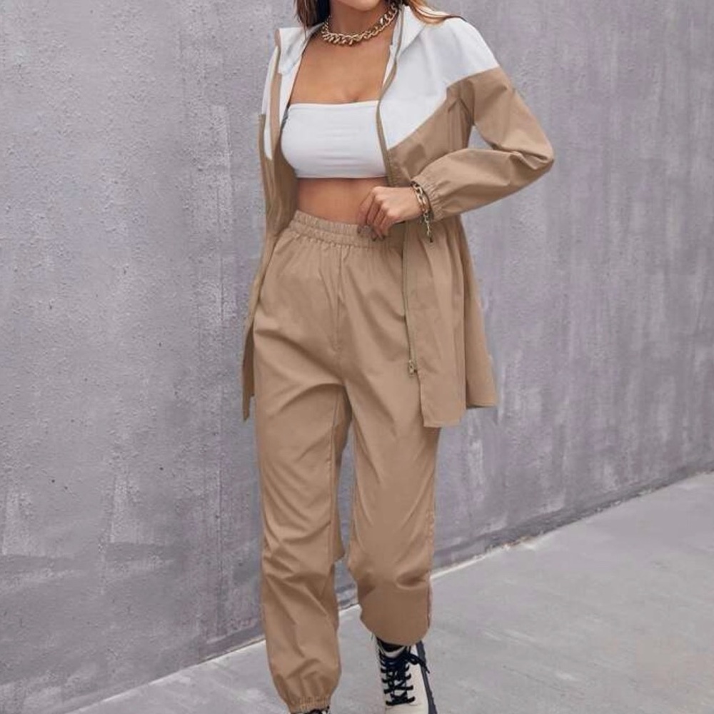 SHEIN Tan and White Women's Track Pants & Jacket Set